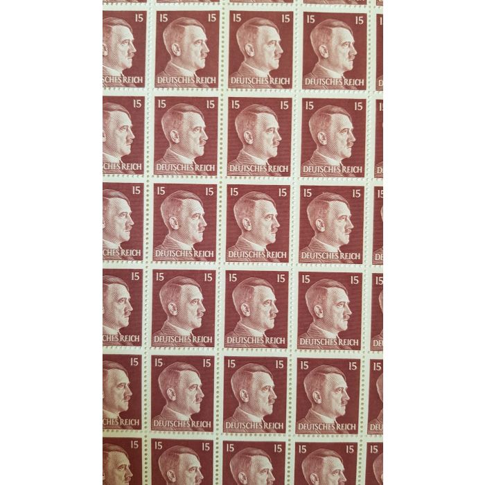 FULL AND COMPLETE GERMAN WWII HITLER HEAD STAMP SHEET OF 100 STAMPS 15 RPF VALUE. FULL GUM - Image 2