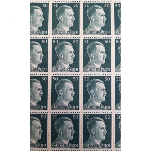 FULL AND COMPLETE GERMAN WWII HITLER HEAD STAMP SHEET OF 100 STAMPS 50 RPF VALUE. FULL GUM