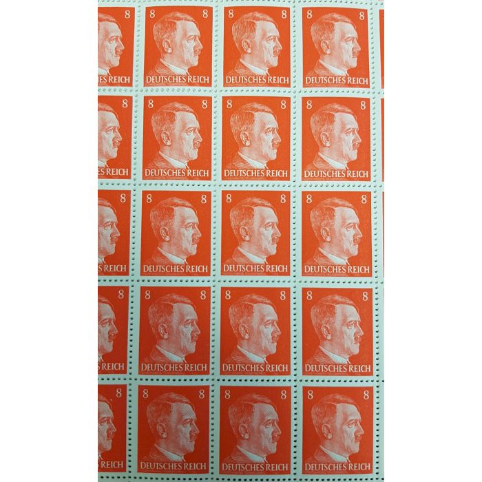 FULL AND COMPLETE GERMAN WWII HITLER HEAD STAMP SHEET OF 100 STAMPS 8 RPF VALUE. FULL GUM - Image 2