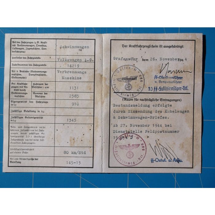 IDENTITY CARD FOR SCHWIMMWAGEN SS FALLSCHIRMJAGER BTL 600 - Image 2