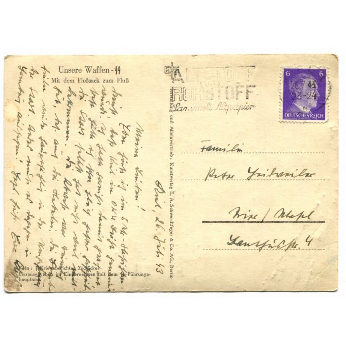 UNSERE WAFFEN SS POST CARD "WITH THE RUBBER BOAT TO THE RIVER" - Image 2