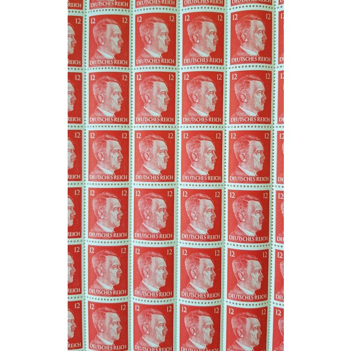 FULL AND COMPLETE GERMAN WWII HITLER HEAD STAMP SHEET OF 100 STAMPS 12 RPF VALUE. FULL GUM - Image 2