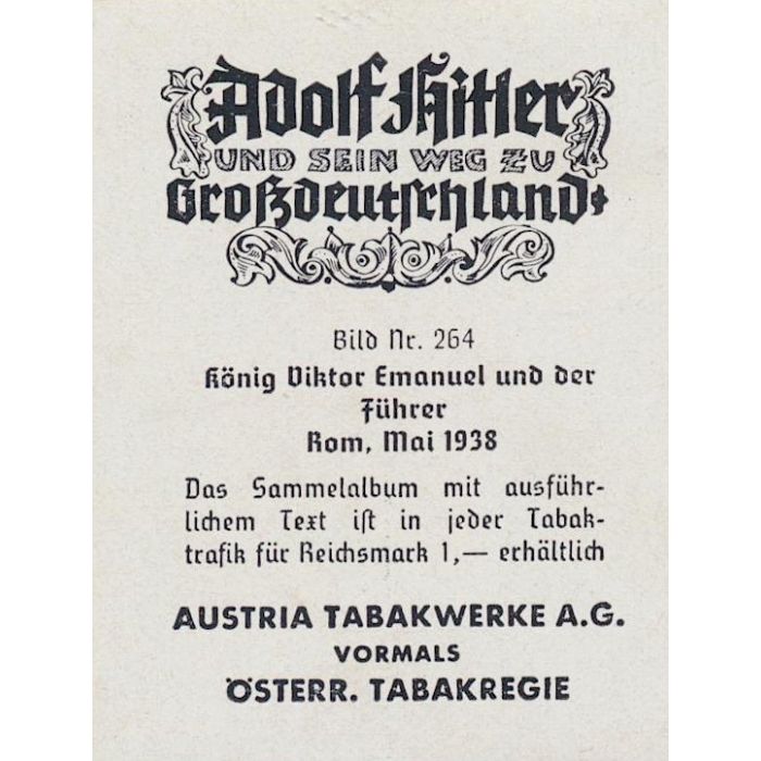 HONIG VIKTOR EMANUEL UND DER FUHRER ROM, MAI 1938 CIGARETTE CARD - Image 2