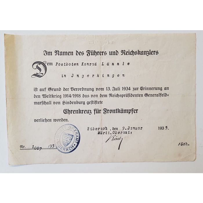 HONOR CROSS MEDAL FOR COMBATANTS WITH AWARD DOCUMENT - Image 2