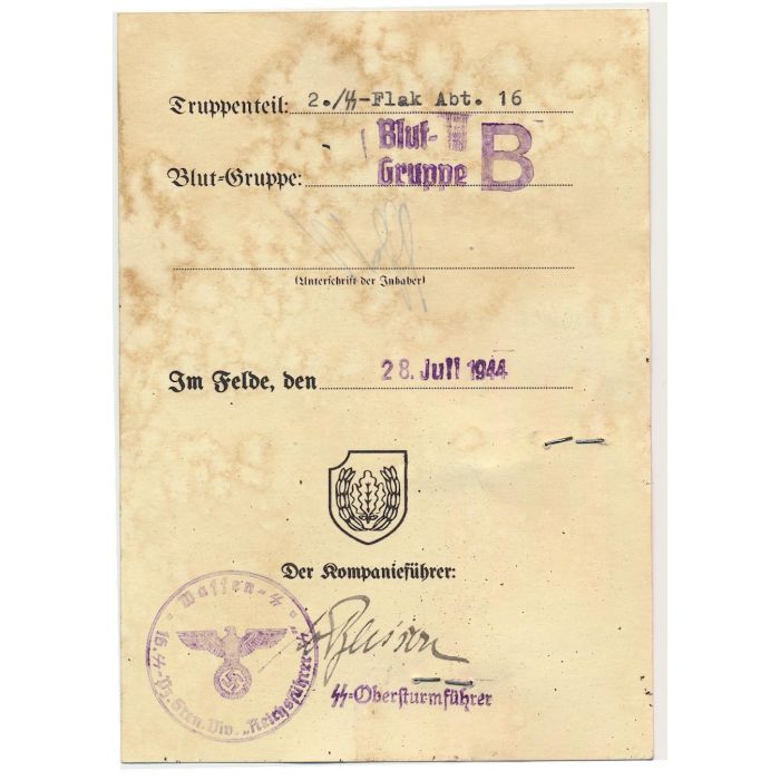GERMAN SS AUSWEIS SS STURMMANN RUDI WOLFF 2./SS FLAK ABT 16 DOCUMENT - Image 2