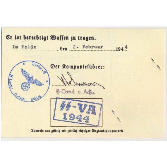 GERMAN SS AUSWEIS SS UNTERSCHARFUHRER PETER BURTEN 1./ERSATZ BTL SS WESTLAND DOCUMENT - Image 2