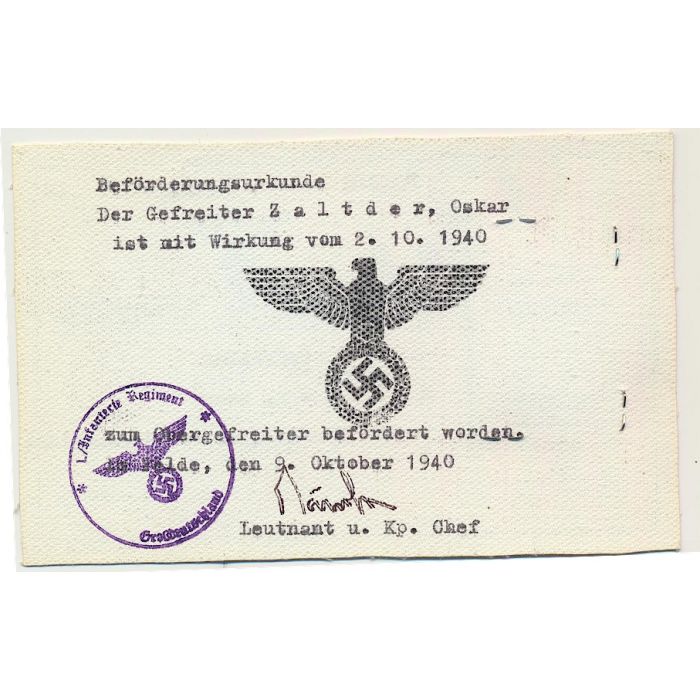 GERMAN WH DIENSTAUSWEIS GEFREITER OSKAR ZALTDER 1./INF RGT GROSSDEUTSCHLAND DOCUMENT - Image 2