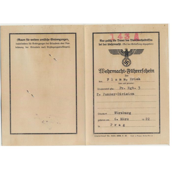 GERMAN WH FUHRERSCHEIN ERICH FLAMM 2 PANZER DIVISION ( PZ ARMEE OBERKOMMANDO ) DOCUMENT - Image 2