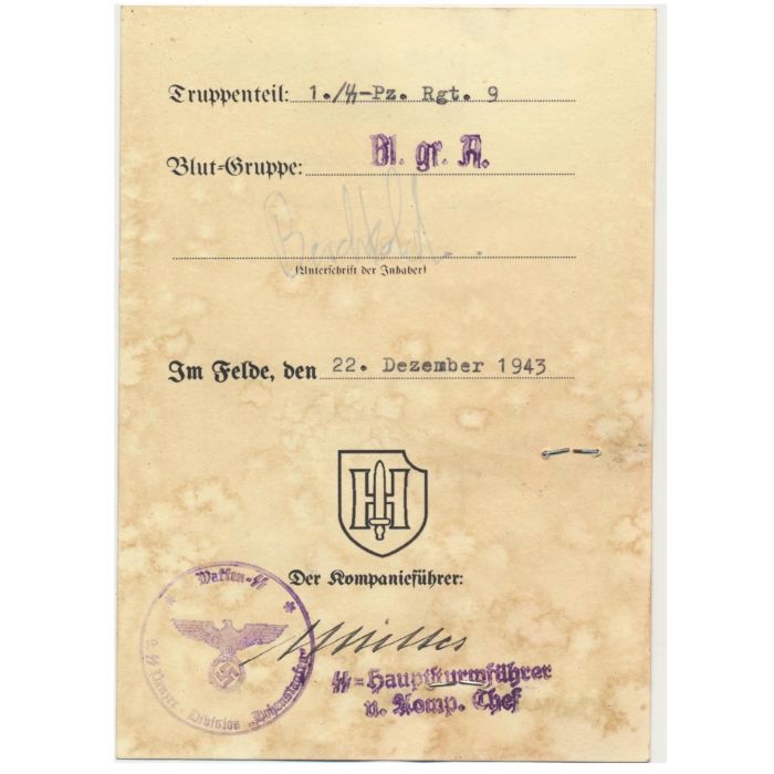SS AUSWEIS SS HAUPTSCHARFUHRER ADOLF BERCHTOLD 1.SS PZ RGT 9 HOHENSTAUFEN DOCUMENT - Image 2