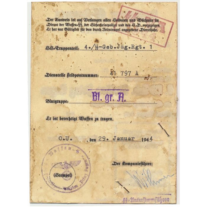 SS AUSWEIS SS JAGER ALFONS PERAK 4.SS GEBIRGSJAGER RGT 1 PRINZ EUGEN DOCUMENT - Image 2