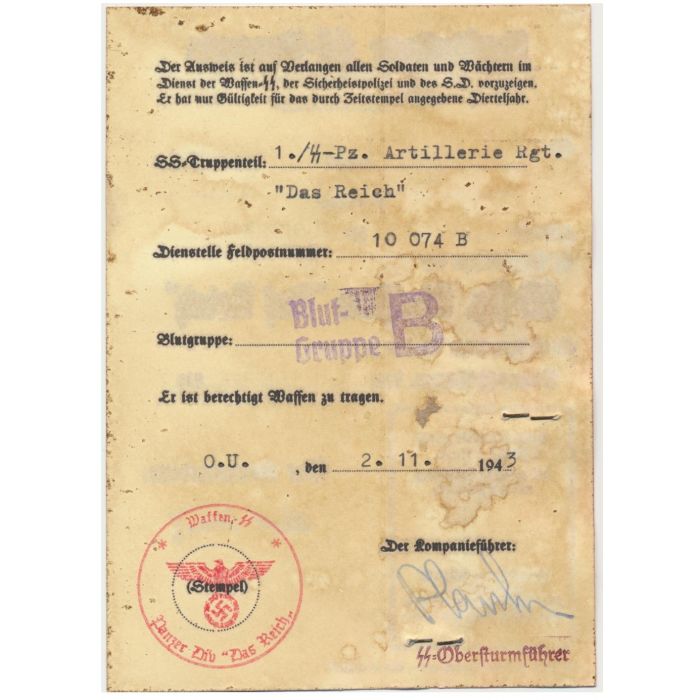 SS AUSWEIS SS KANONIER BALDUR KLEIN 1.SS PZ ARTILLERIE RGT DAS REICH DOCUMENT - Image 2