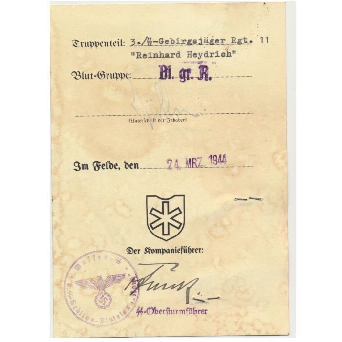 SS AUSWEIS SS ROTTENFUHRER ROLF MULLER 3.SS GEBIRGSJAGER RGT 11 REINHARD HEYDRICH DIVISION NORD DOCUMENT - Image 2