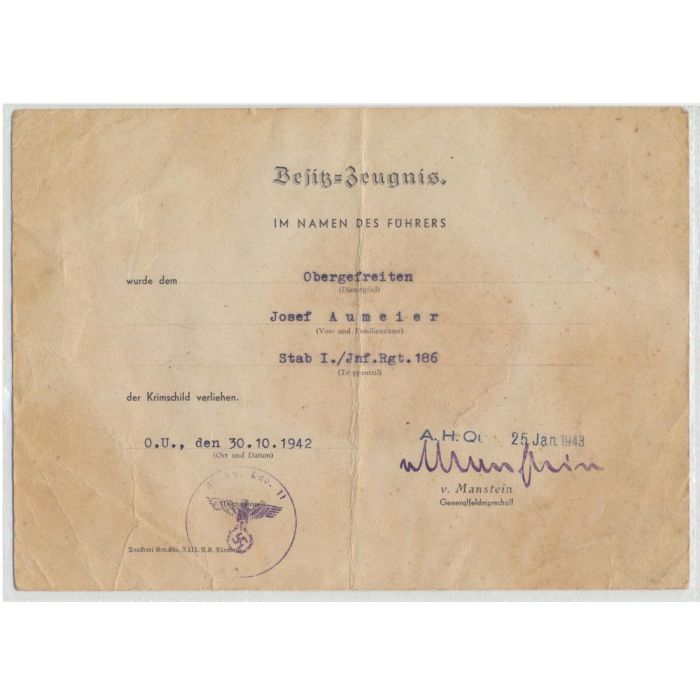 CRIMEAN CAMPAIGN SHIELD & AWARD DOCUMENT SIGNED BY ERICH VON MANSTEIN - Image 2