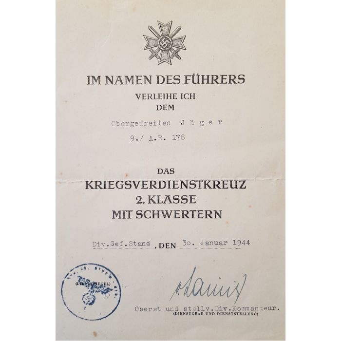 GERMAN WAR MERIT CROSS 2ND CLASS WITH SWORDS WITH AWARD DOCUMENT TO OBERGEFREITEN JOSEF JAGER - Image 2