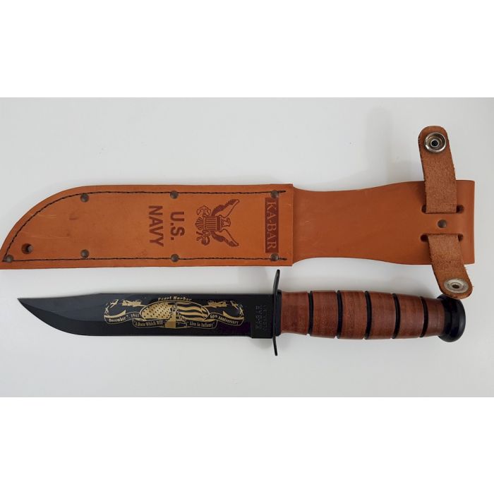 KA-BAR USMC NAVY PEARL HARBOR COMMEMORATIVE FIGHTING KNIFE AND LEATHER SHEATH - Image 2