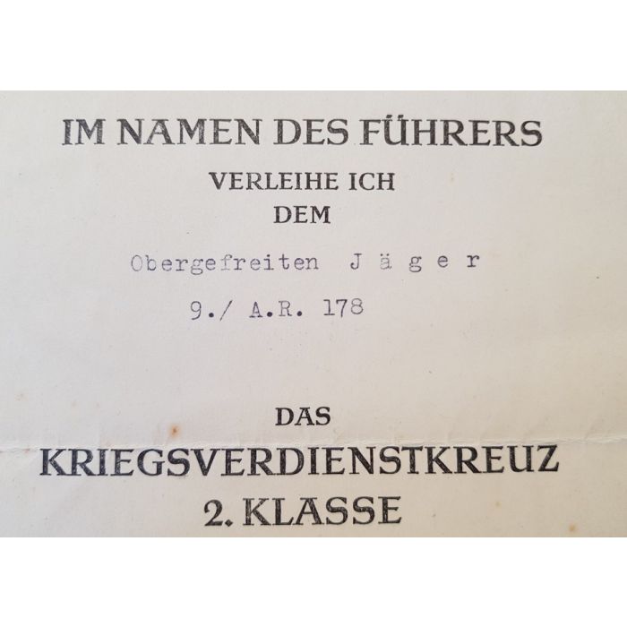 GERMAN WAR MERIT CROSS 2ND CLASS WITH SWORDS WITH AWARD DOCUMENT TO OBERGEFREITEN JOSEF JAGER - Image 6