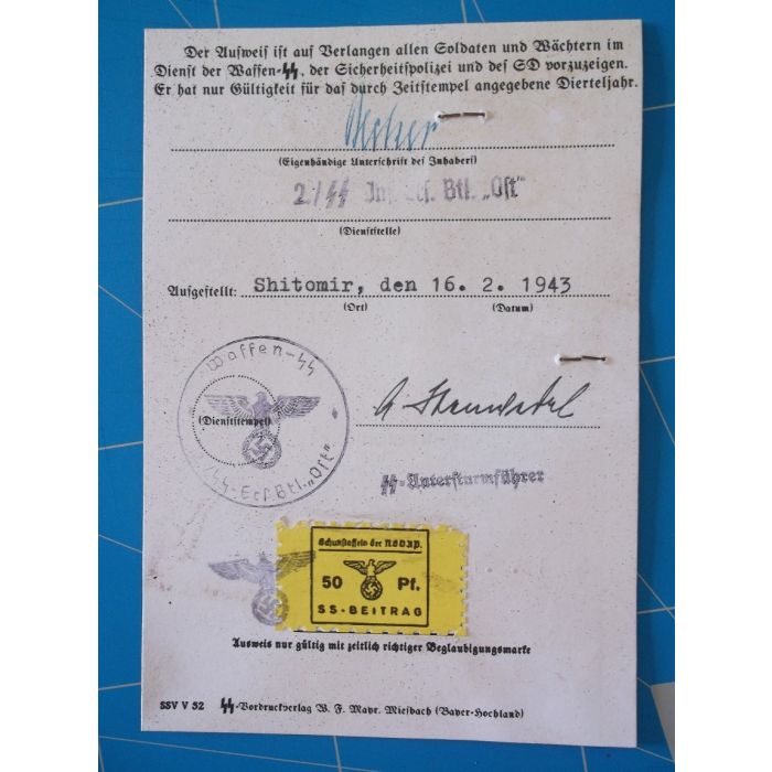 SS AUSWEIS ARNO BECKER SS INFANTERIE ERSATZ BTL OST - Image 2